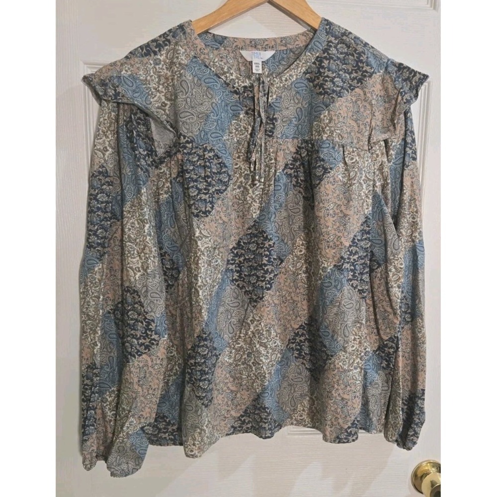 Time & Tru Flutter Blouse XXXL 22 Paisley Brown Blue Long Sleeve NEW